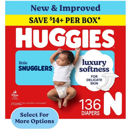 Huggies Little Snugglers Baby Diapers Newborn Up to 10 lbs Fragrance Free 136Ct