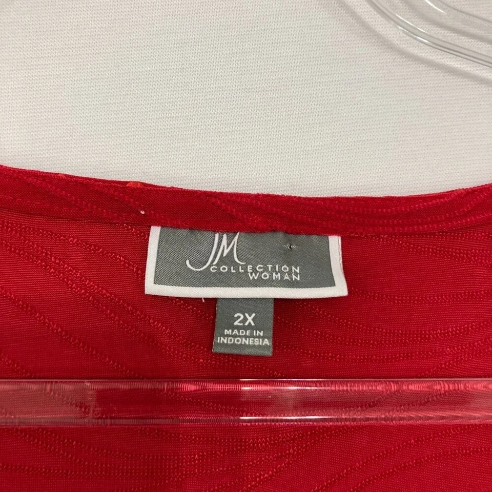 JM Collection size 2X Red Sparkling Sequins Stretch Knit 3/4 Sleeve Top Evening - Image 2 of 4