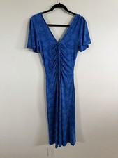 Michael Kors  Midi Dress Blue Flutte rSleeve Ruched hawaiian Floral V-neck Small