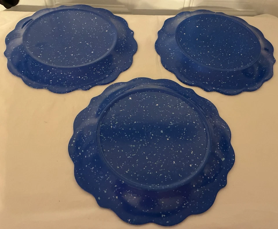Lote de 3 platos de cena de melamina festoneada moteada azul cobalto mujer pionera Foto 4 de 4