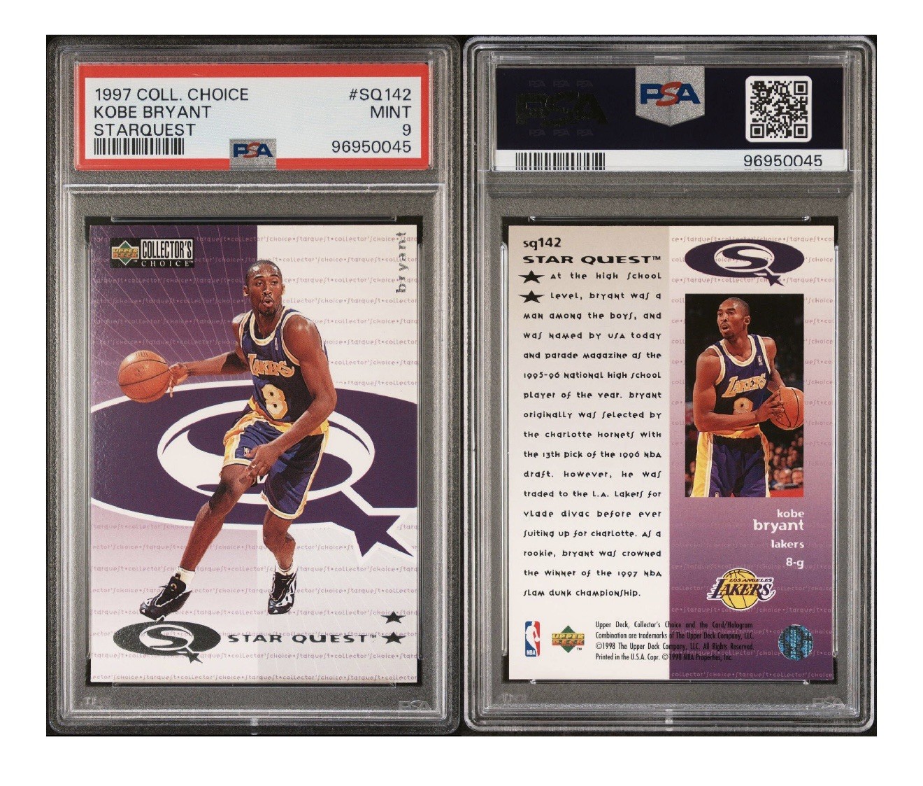 1997 COLLECTOR'S CHOICE STARQUEST #SQ142 KOBE BRYANT LAKERS HOF PSA 9 (LOW POP) view 3