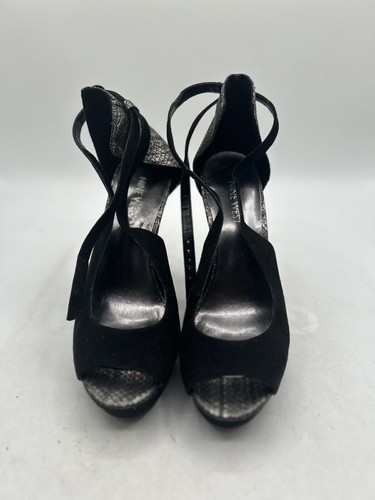 Nine West Pumps Women's Sz 7M Black Leather Croc Embossed Peep Toe Slingback - Picture 2 of 8