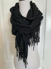 $58 Cejon Basic Knit Scarf Black on Black Dots Pashmina Fringe Wrap Shawl Rayon 
