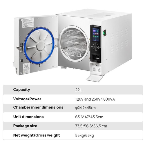 AZDENT 22L Dental Lab Medical Autoclave Steam Sterilizer with Printer Class B US - Afbeelding 13 van 24