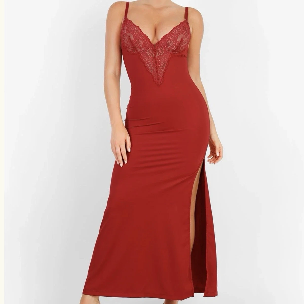 chinese dress ladies Newest Spaghetti Strap Red Lace A-line Long Cheap Prom Dresses, PDS009 –  QueenaBridal main image 0