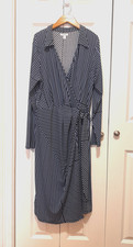 Nine West XXL Blue Striped Faux Wrap Midi Dress Tie Waist Long Sleeve