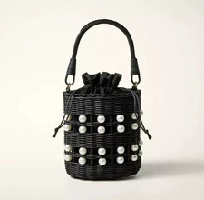 NWT~ Kate Spade NY Black Straw Pearl Embellished Basket Handbag Purse Wicker