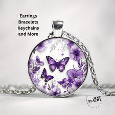 Lavender Purple Butterfly Art Silver Jewelry Necklace Set