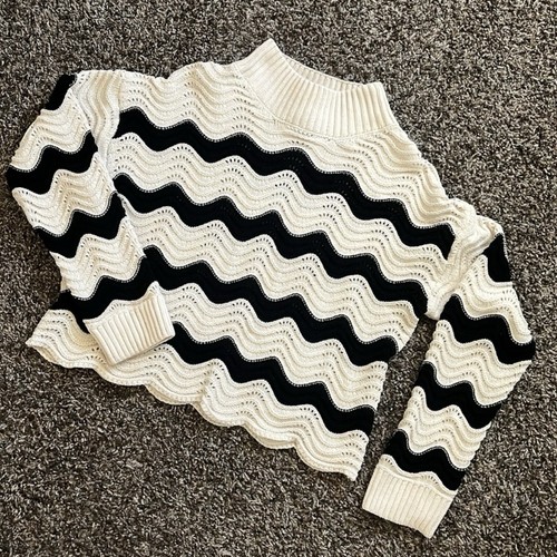Freshman Cream Black Cowl Neck Knit Sweater w/ Chevron Wavy Stripes, Size Large - Picture 3 of 11