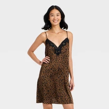 Women's Lace Trim Satin Chemise - Auden Leopard Print XXL