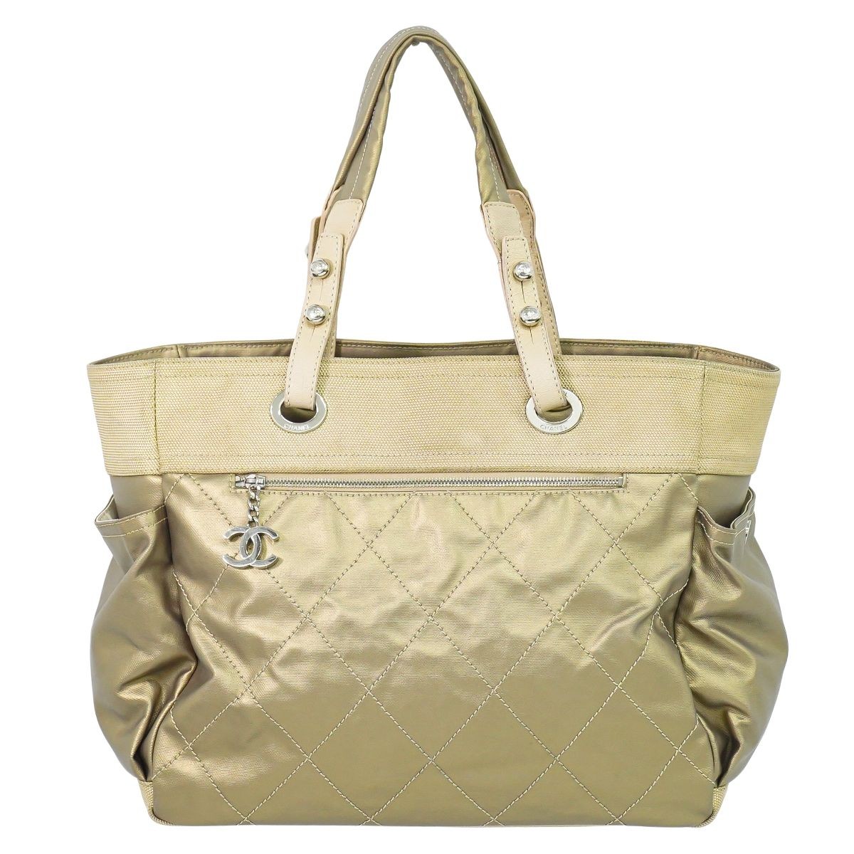 Authentic Chanel Paris Biarritz Gm Tote Bag Handbag Coated Canvas Gold Used