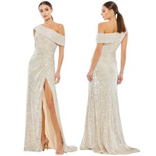 Mac Duggal NWT Sequined Drop Shoulder Ruched Gown Side Slit Nude Cream Size 2
