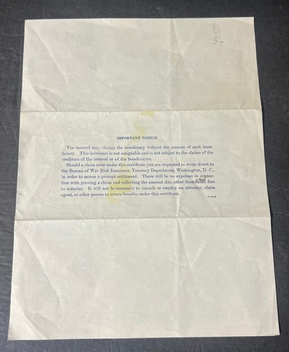 United States of America Treasury Department Insurance Certificate Vintage, 1918 - Picture 10 of 14