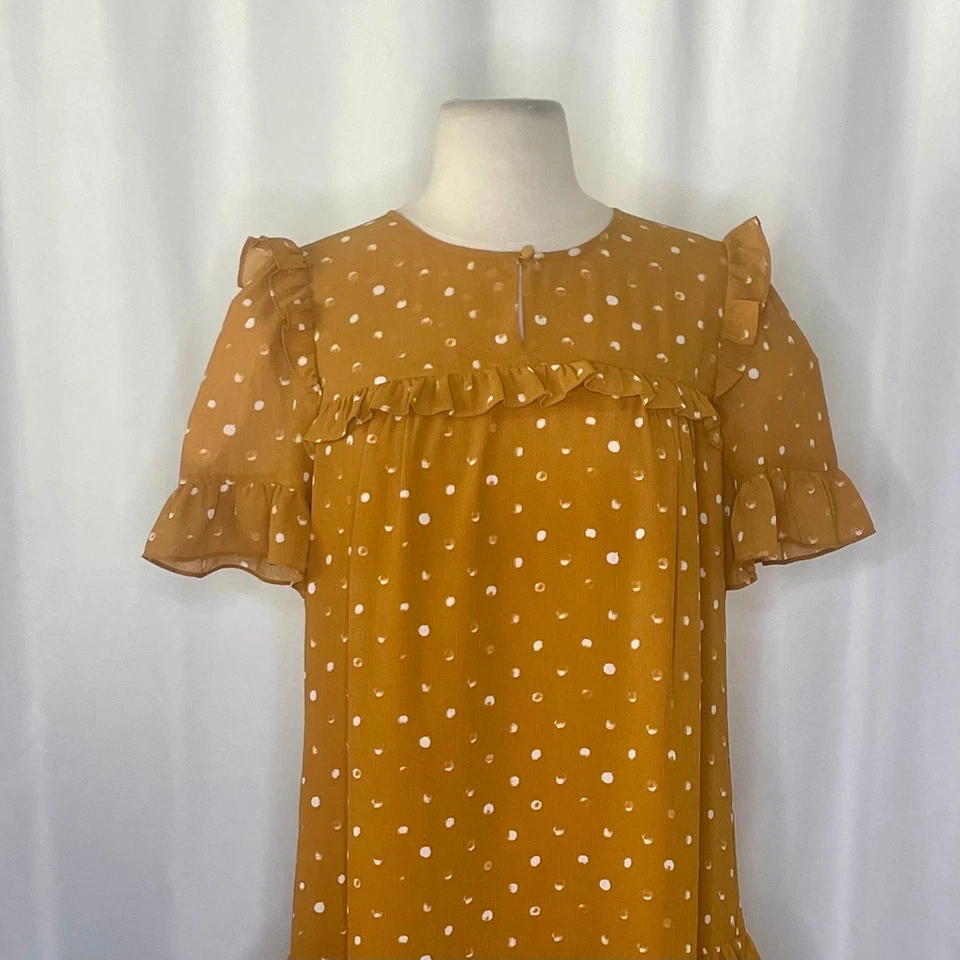 J. CREW Point Sur 荷叶边褶皱波点连衣裙温暖焦糖派对尺寸 2 — 第 3/4 张图片