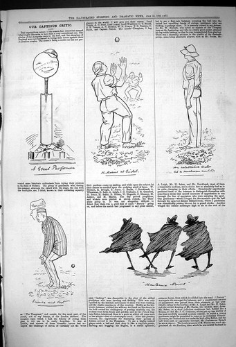 Original Old Antique Print 1882 Theatre Captious Critic Cricket Bowler 19th