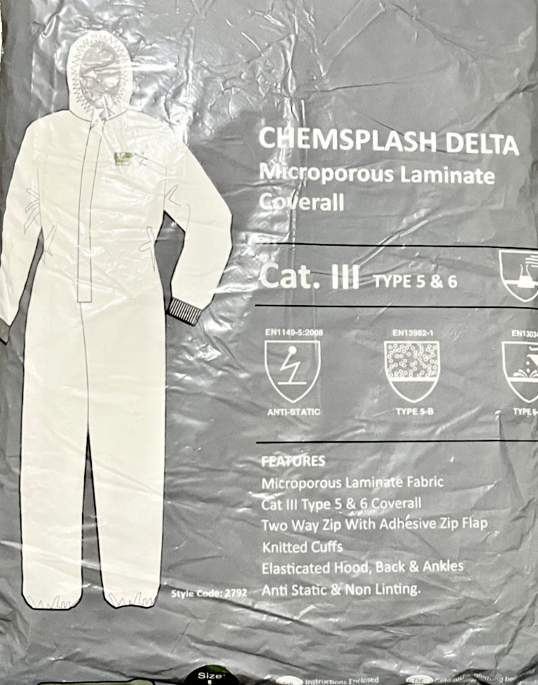 Chemsplash DELTA Laminate Fabric Coverall Type 5 & 6 CAT III White Large