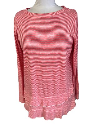 Soft Surroundings Size L Pink White Striped Long Sleeve Tunic Top Ruffle Bottom
