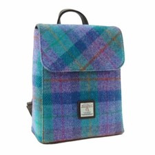 Harris Tweed Women's Authentic Luxury Mini Backpack in Green & Purple Tartan New