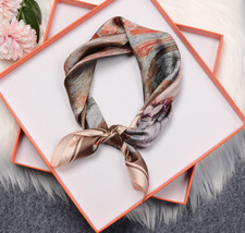 100 Silk Mulberry Scarf 53X53cm Women Square Bandana Wrap Brown Oil Painting