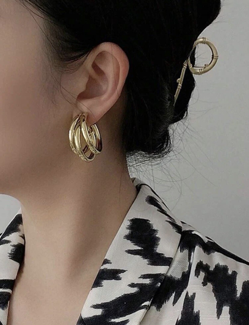 Elegant Gold Triple Hoop Drop Dangle Earrings for Women's Style and Sophistication-image