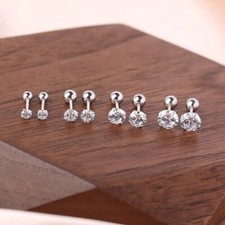 Women Silver Gold Round CZ Crystal Screw Back Stud Earrings Surgical Steel 3-5mm