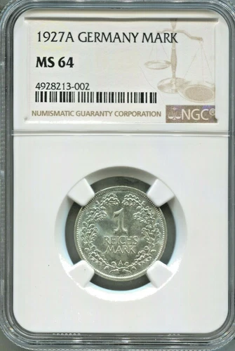  GERMANY - SPECTACULAR SCARCE SILVER MARK 1927 A (BEST DATE) NGC CERTIFIED MS 64