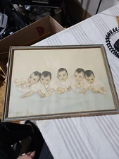 Vintage Dionne Quintuplets Framed Picture Vincent & Hughes Canadian Quints 1935