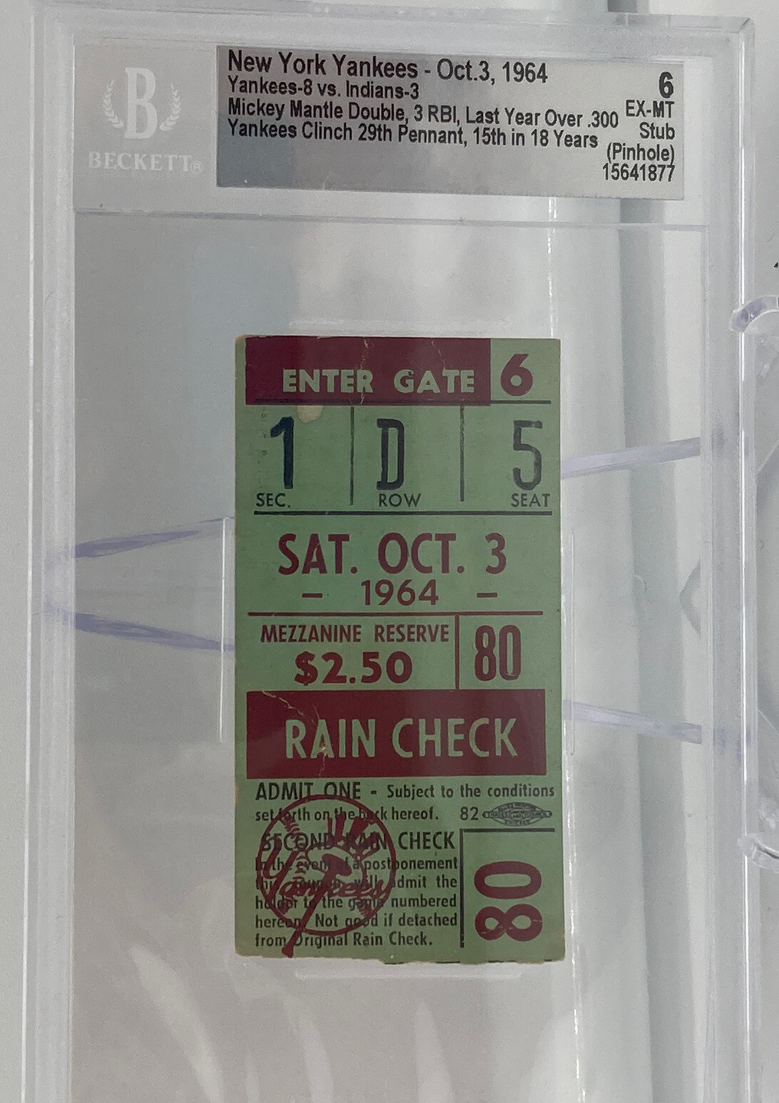 Mickey Mantle 1964 BAS Ticket 3 RBI Clinch Yankeed 29 Pennant/Mantle 35 HRS⚾️