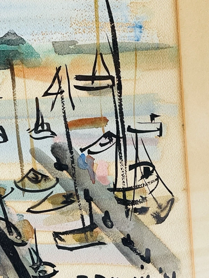 1950's Raoul Dufy Style French Naive Watercolor Of Sailboats. Signed Illegibly - Image 4 of 4