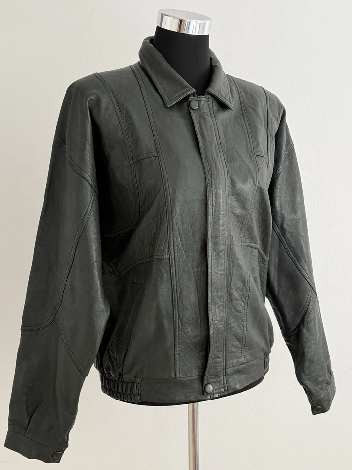 Vintage Lederjacke Damen Dunkelgrau Blouson Bomberjacke Oversize ca. M/L - Bild 2 von 4