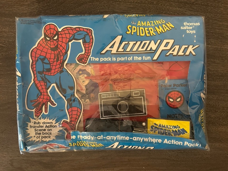 A 1981 Amazing Spider-Man Action Pack by Thomas Salter Toys, mint in original packaging — sealed nostalgia that's harder to find than a parking spot in Manhattan.