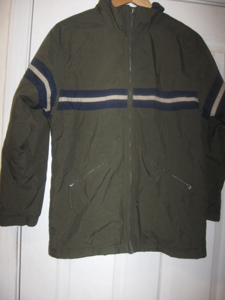 MEN'S VTG CLUB CLASS Y2K MOSS GREEN NAVY STRIPE ZIP FRONT CAR COAT SIZE L - Image 2 of 4
