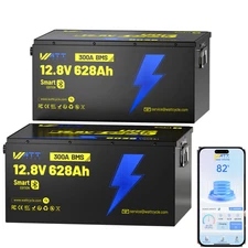 24V 2Pack 12V 628Ah LiFePO4 Lithium Battery Golf Cart RV Solar Panel Off-grid