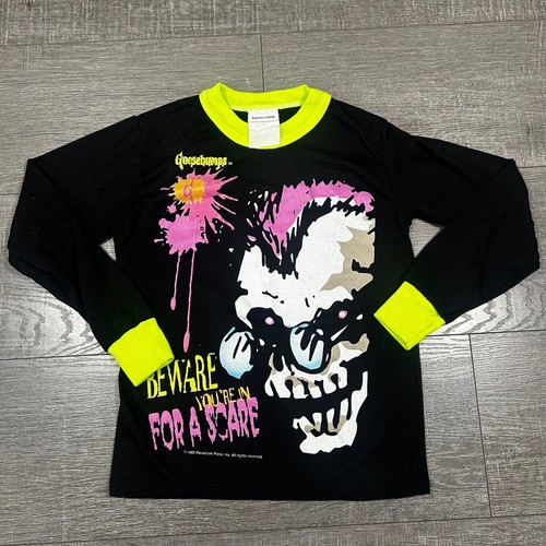 Vintage 1995 Goosebumps Kids Long Sleeve Shirt Skull Graphic Neon Wormser RARE - Picture 1 of 6