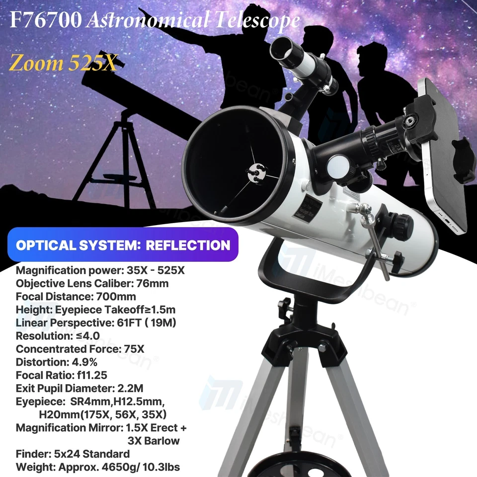 700毫米反射器天文望远镜525X带手机适配器月球观看礼物  — 第 3/4 张图片