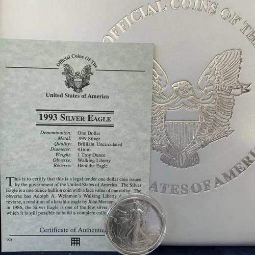 USA Mint Genuine 1993 1oz American Silver Eagle 0.999 Fine Silver Coin