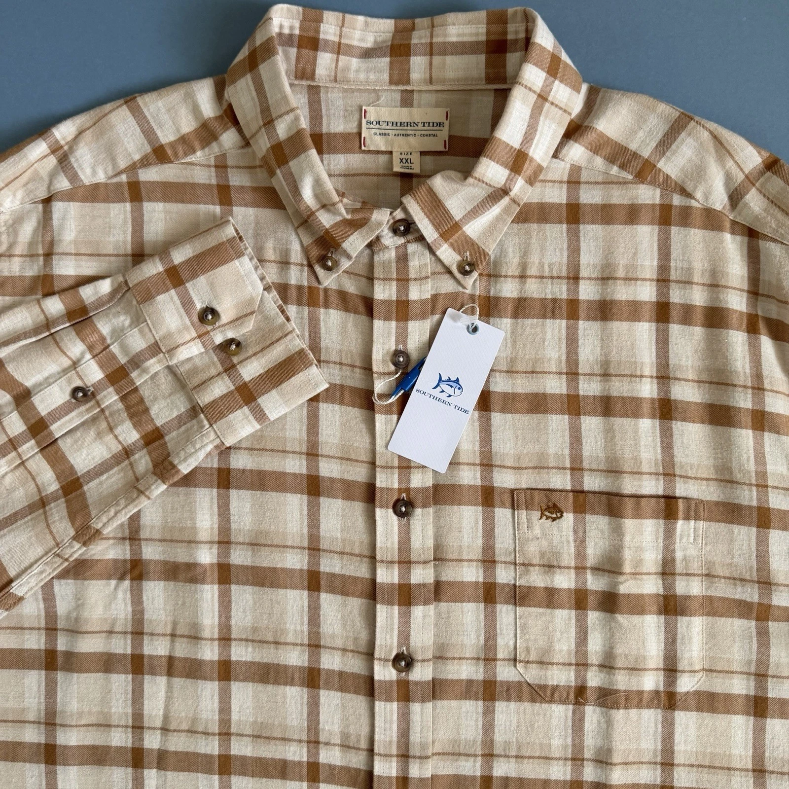 Southern Tide Botnay Bay Plaid Sand White Sportshirt Button Up Flannel NWT XXL