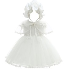 Baby Girls White Christening Dress With Bonnet Newborn Baptism Gown Lace Dres...