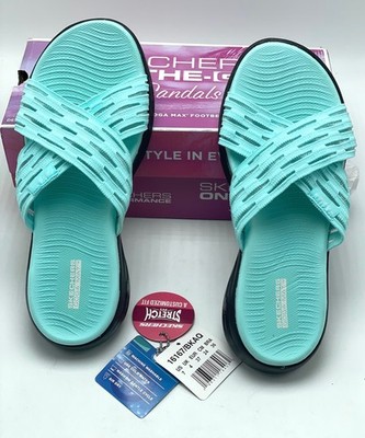 Skechers Womens On The Go 600 Sunrise Aqua Blue Criss Cross Slide Sandals  Size