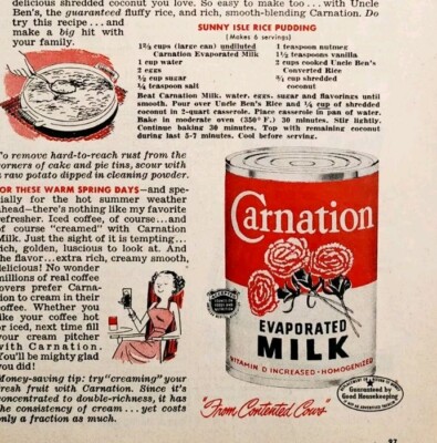 1953 Carnation Evaporated Milk Rice Pudding Recipe Advertisement Dairy DWLL5
