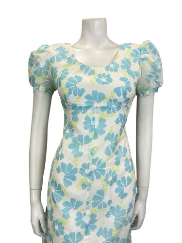 VTG 60S 70S WHITE BLUE GREEN FLORAL PUFF SLEEVE EMPIRE MESH DRESS 8 - Picture 8 of 10