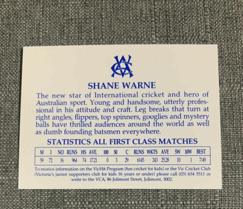 SHANE WARNE 1994 VICTORIAN CRICKET TEAM VCA TRADING CARD VERY RARE EARLY CARD - Picture 2 of 2