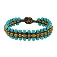 Colorful Blue Turquoise Stones and Brass Beads on Cotton Rope Toggle Bracelet