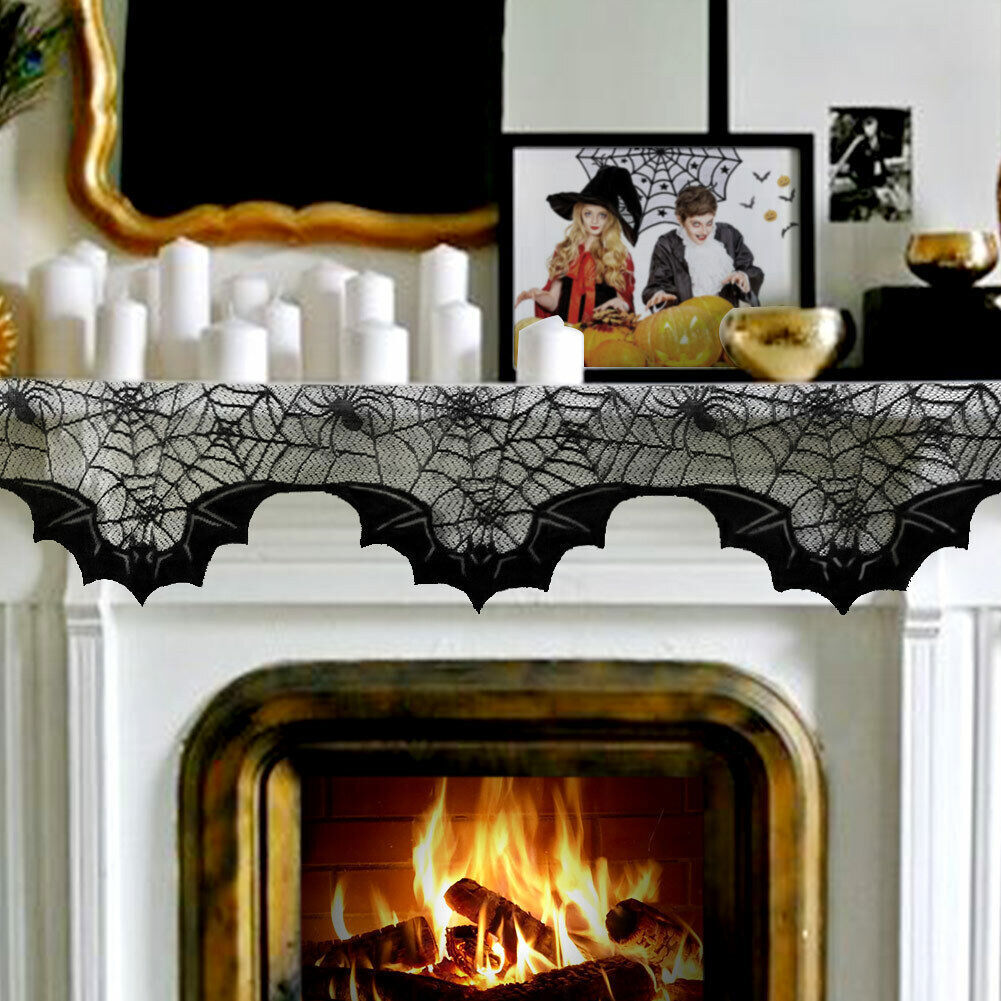 Halloween Cobweb Fireplace Scarf Black Lace Spiderweb Mantle Scarf Party  Decor