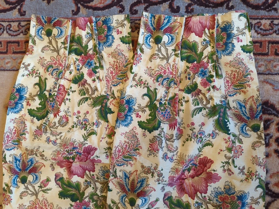 Vintage Pair Pinch Pleat Panela Drapes Curtains Tweed Look Floral & Cream 72"L - Image 4 of 4