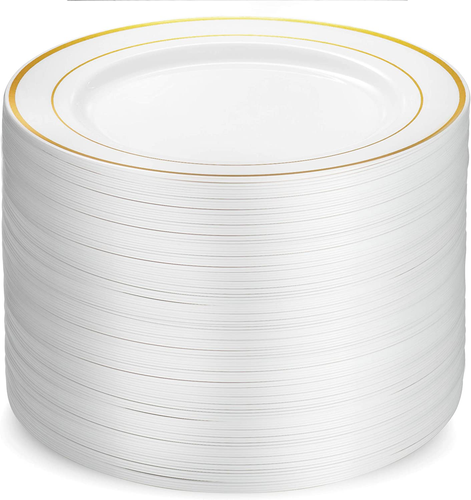 100 Piece Plastic Party Plates White Gold Rim, Premium Heavy Duty 10.25 Inch Din - Picture 5 of 12