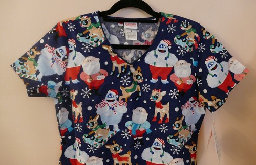 NWT Cherokee Rudolph Christmas Women S Navy Blue Scrubs Short Sleeve Shirt Top - Picture 4 of 7