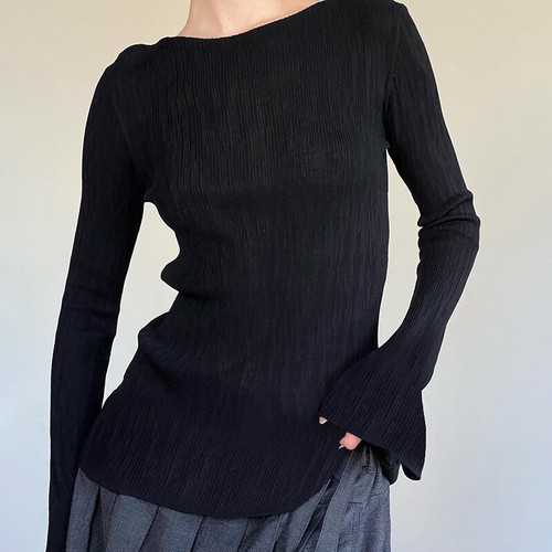 New Women Long Flare Sleeves Round Neck Pleated T-Shirt Slim Fit Blouse Tops - Picture 1 of 13