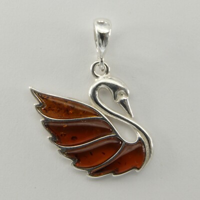Cognac / Brown BALTIC AMBER Swan Pendant - 925 STERLING SILVER Poland  #5612e