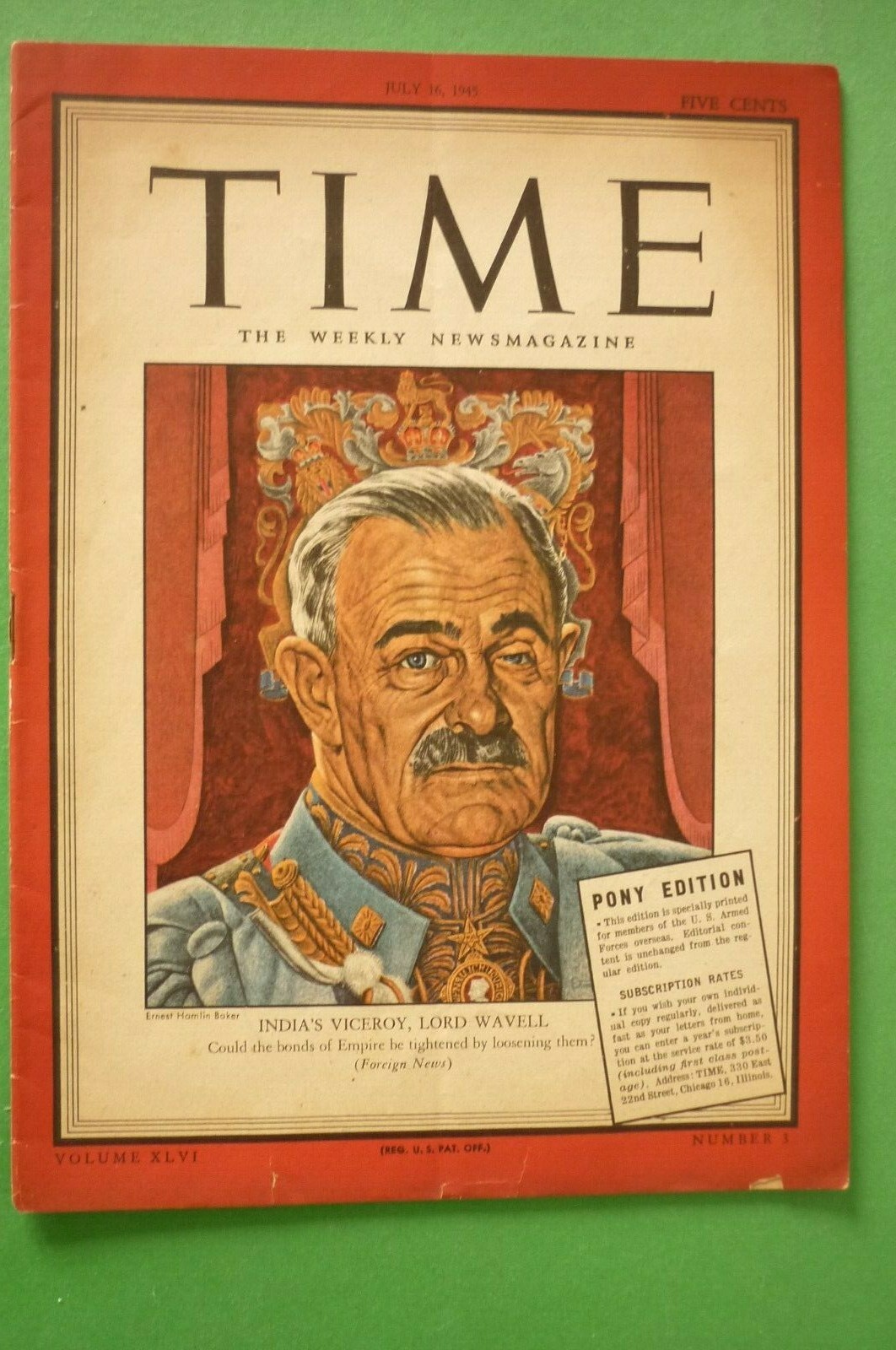 Time Magazine Pony Edition July 16, 1945 India Viceroy Lord Wavell